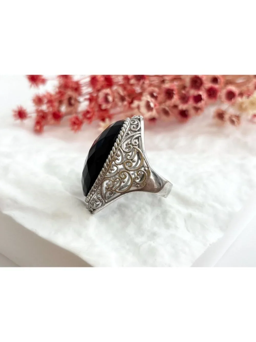 Black Onyx Faceted Stone Thai Made Sterling Silver 925 Vintage Ring - sz 8.75